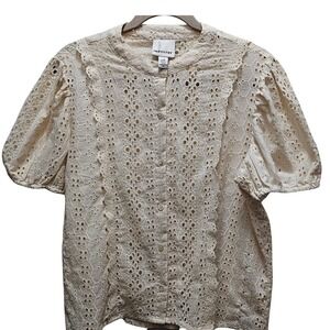 Industry Ivory Eyelet Cotton Blouse Short Puff Sleeve Lace Trim Cream Large